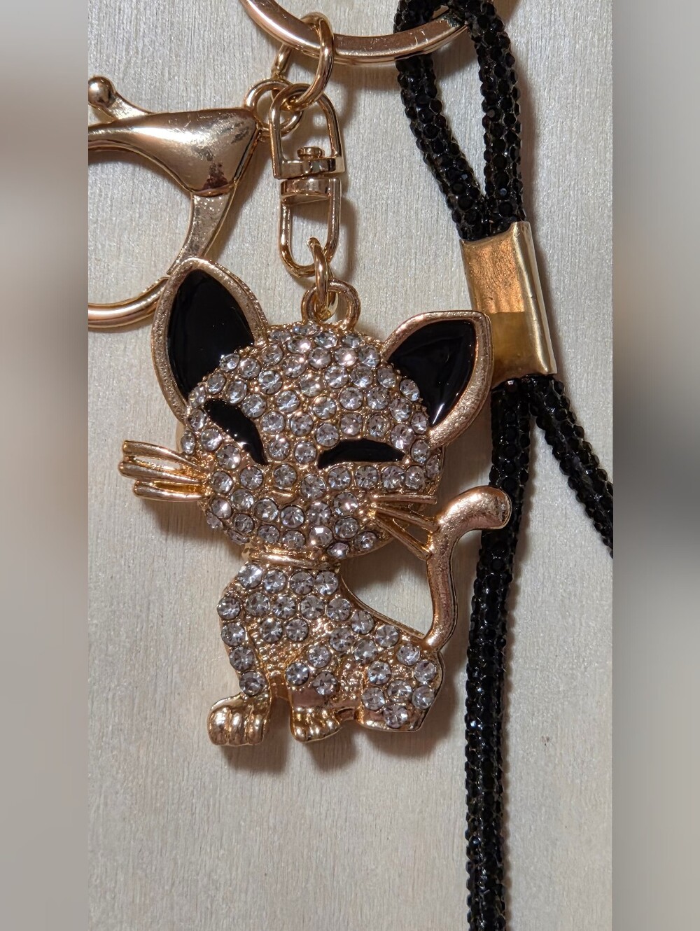 Crystal Encrusted Kitten Purse Charm Wristlet Lanyard Keychain Gold & Black - Picture 3 of 12